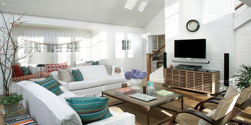 White interior with turquoise elements.